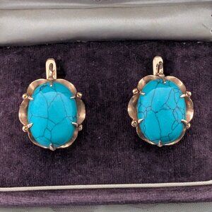 LARGE Russian Russia 14K Rose Pink Gold Turquoise Cabochon Pierced Earrings